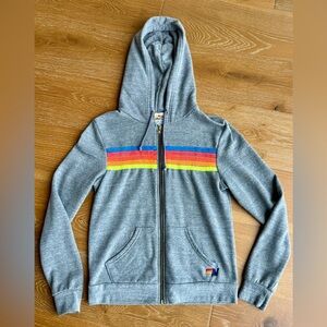 Aviator Nation Gray Hoodie with Rainbow Chest Stripes (M)
